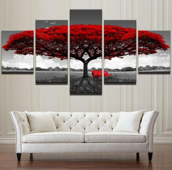 Modular Canvas HD Imprimés Affiches Home Decor Wall Art Pictures 5 pièces Red Tree Art Scèmes de paysage peintures Framework No Frame3706139