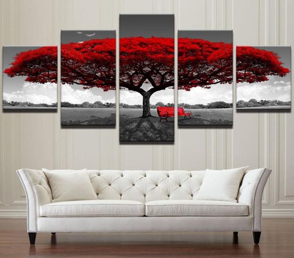 Toile modulaire HD imprime des affiches décor à la maison mur Art photos 5 pièces arbre rouge Art paysage paysage peintures sans cadre 6229352