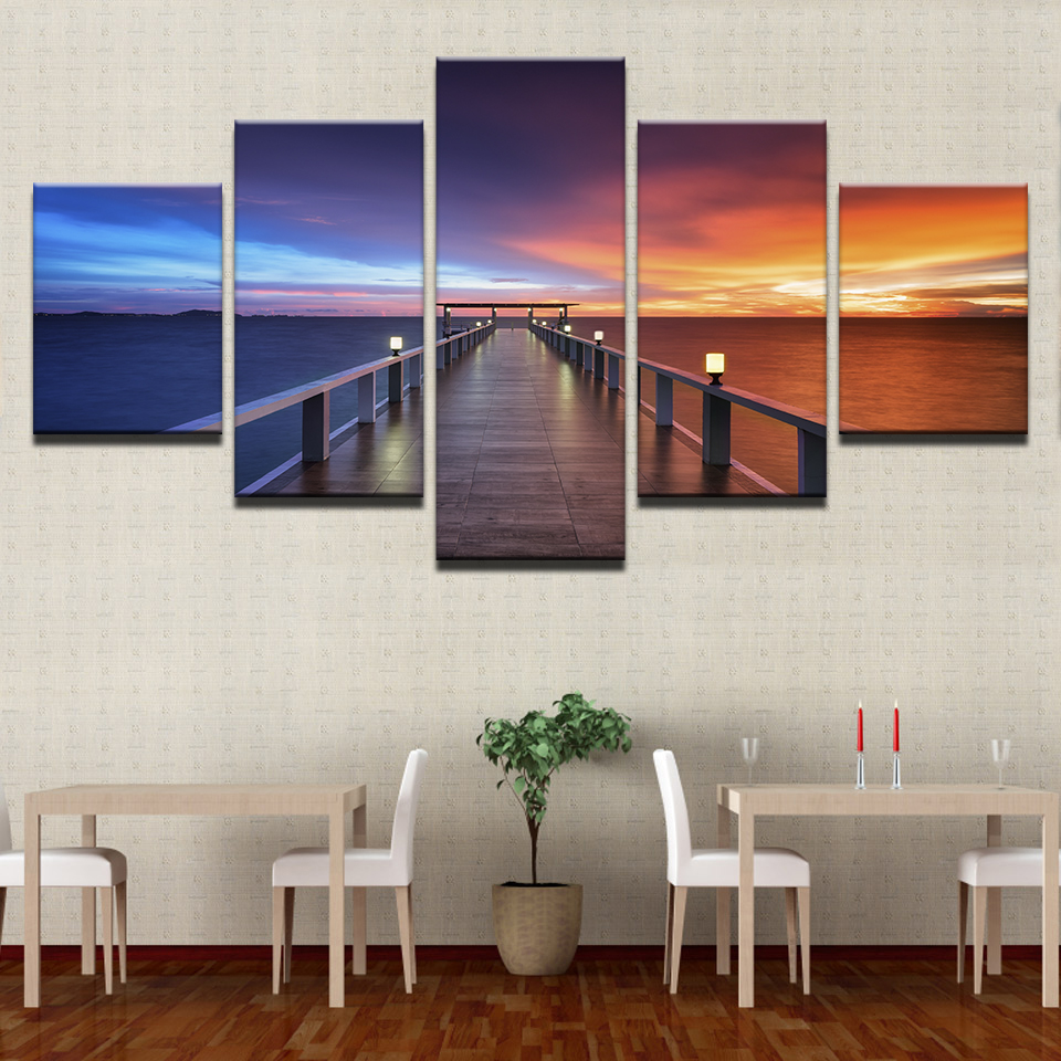 Modulaire toile HD imprime affiches décor à la maison mur Art photos 5 pièces soirée bord de mer la nuit peintures pas de cadre