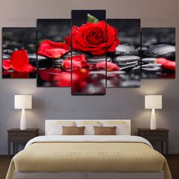 Peinture sur toile modulaire fleur de rose rouge HD, art mural nordique, décoration d'intérieur moderne pour salon, chambre à coucher, impressions et affiches, 5 pièces
