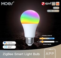 MOESTUYA SMART App afstandsbediening ZigBee Smart LED -gloeilamp E27 Dimbable RGB White Color Lamp 806LM Alexa Google Home Voice Con9301791