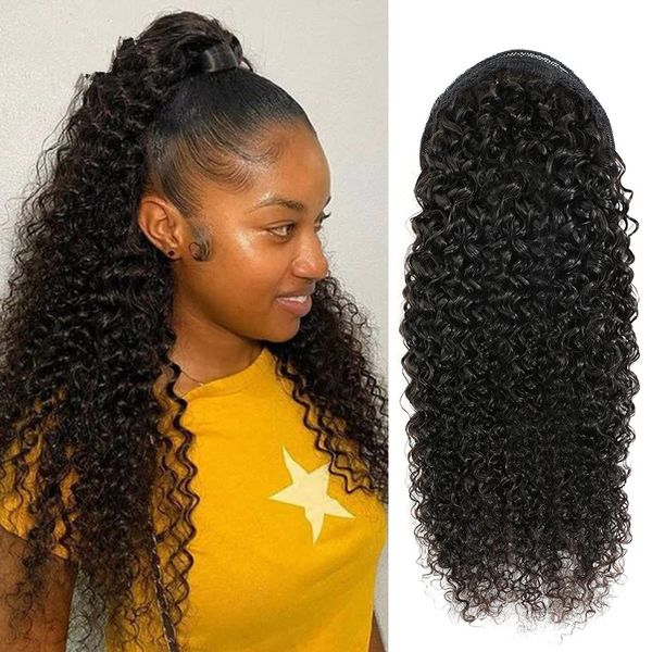 Mogolian Afro Kinky Curly Cordón Ponytail Extensiones de cabello humano 4B 4C Remy 10-30 pulgadas Largo rizado Clip recto en cola de caballo 120g