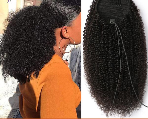 Mogolian Afro Kinky Curly Drawstring Ponytail Extensions de cheveux humains 4B 4C Remy Long Kinky Straight Clip In prêle noir brun 140g afro-américain extrémités complètes