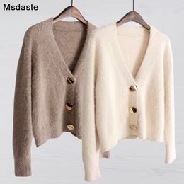 Suéter de mohair, cárdigans de mujer, Tops de punto suave con cuello en V de invierno, prendas de vestir, suéteres de punto informales de color blanco sólido marrón para mujer, 201029