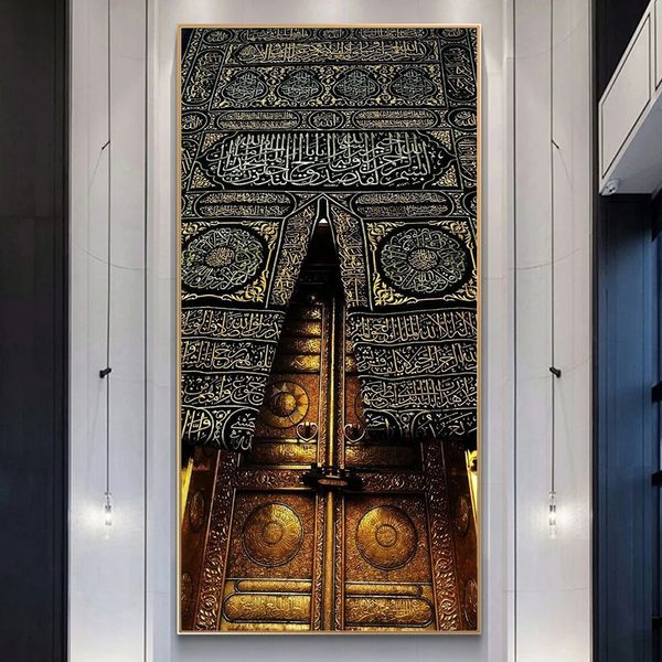Mohammed mosquée portes dorées affiche religieuse calligraphie musulmane toile peinture Kaaba texte arabe mur Art coran décor islamique 231228