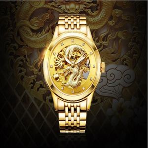 Mohdne H666 merk automatisch uurwerk uitgehold herenhorloge Grote gouden plaat met draak waterproof325d
