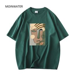 Moinwater Women Samenvatting Patroon T Shirts vrouwelijke katoen groene zomer T -stukken Lady Khaki korte mouw streetwear tops MT21027 220525