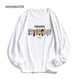 MOINWATER femmes décontracté imprimé à manches longues T-shirts dame coton noir hauts à la mode femme blanc T-shirts chemise MLT1908 210302