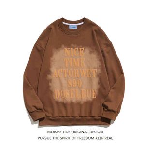 Moishe Tide American Retro Alphabet Print Pull à col rond Homme Loose Ins Hip Hop Couple Casual Coat
