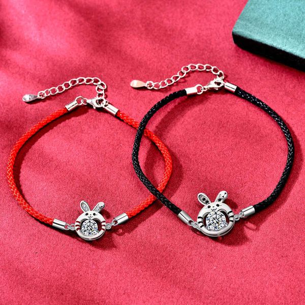 Pulsanita pareja brazalete rojo conejo afortunado 925 plata esterlina china chic chino zodiac año tejido mano