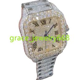 Moisanite Diamond Mens Party Wear Watch Black Color Band en cuir Watch Fancy Square Dial Mouvement Automatic Mouvement Gift pour elle