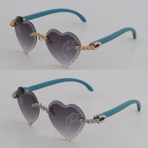 Moissanite Diamond Set Lunettes de soleil en bois sans monture pour femmes 3524012 Lunettes en bois bleu Hommes Sculpté Angle Tniangle lentille Designer Rocks lunettes lentilles Taille 56