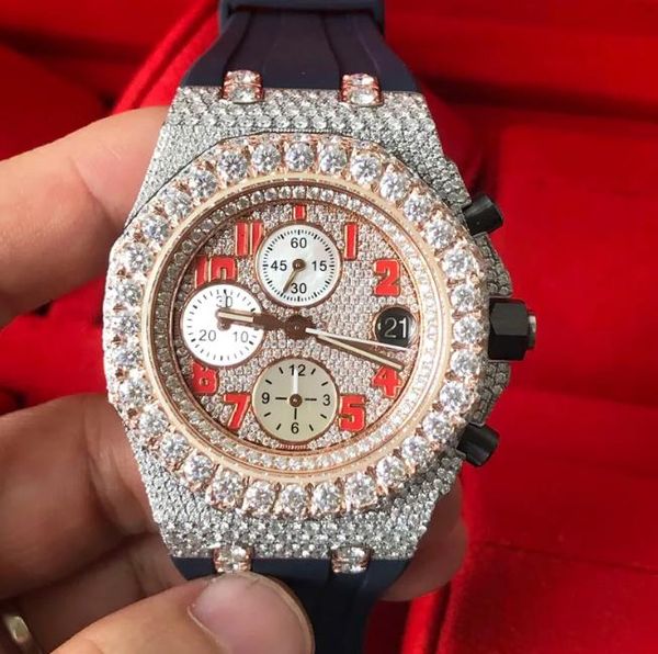 Moissanite Diamonds Reloj relojes helados PASS Diamond TEST Oro rosa mezclado Caja de plata Cronógrafo mecánico ETA de alta calidad Relojes de pulsera para hombre