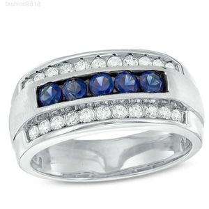 Bague Moissanite Hip Hop en argent sterling 14 carats/925 pour hommes, bague multi-rangées en saphir bleu pour hommes