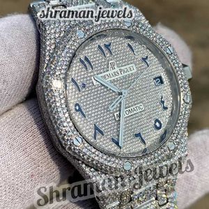 Moissanite diamanten Iced Out-horloge met Arabische cijfers, automatisch roestvrij staal