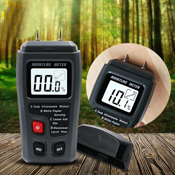 Medidores de humedad EMT01 099.9% Medidor de humedad de madera digital de dos pines Probador de humedad de madera Higrómetro Detector de humedad de madera Pantalla LCD grande 230804