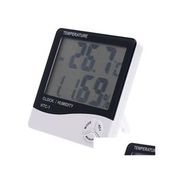 Vochtmeters Groothandel MTI-functie HTC-1 Digitale LCD Temperatuurvochtigheid Hygromet Hygrometische klokmeter met kalenderdruppel de Dhaiq