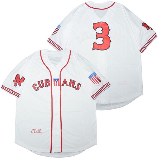 Moive Baseball 3 NEW YORK CUBANS BUTTON-DOWN Jersey College University Pur Coton Respirant Cooperstown Cool Base Vintage Broderie White Team Retire