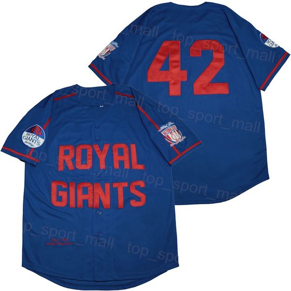 Moive Baseball 42 ROYAL GIANTS Jersey BUTTON DOWN REVISED University Pur Cotton College Respirant Cooperstown Cool Base Vintage Broderie Blue Team Retire