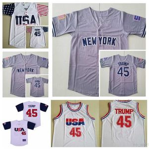 Moive Baseball US New York 45 Edworder Trump Maillots Hommes Blanc Gris Tous Cousus Rétro Cooperstown Cool Base Retire Sport Respirant Pur Coton Cousu Sur