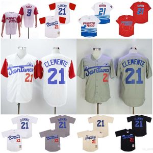 Moive Santurce Crabbers Jerseys Baseball Puerto Rico 9 Javier Baez 21 Roberto Clemente Cool Base Team Zwart Gray White Pinstripe Beige gestikt voor sportfans