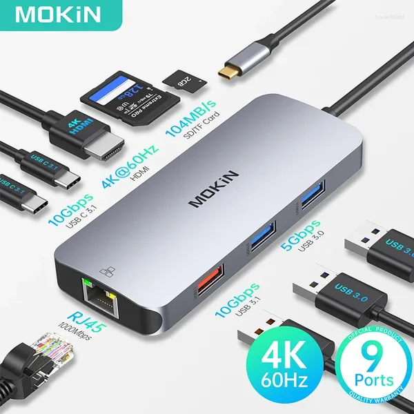 MOKiN 9 en 1 USB C Hub 4K HDMI 3,1 10Gbps puertos de datos ranuras SD/TF adaptadores Ethernet para MacBook Air/Pro Surface Pro 7
