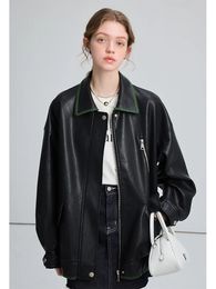 Veste en cuir molan noire femme vintage bomber oversze manteau mode zipper high street feme pU sortwear 231220