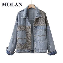 Molan Leopard-print denim jas vrouw lente herfst lange mouwen mode jeans casual vintage jean jas vrouwelijke chic uitloper top 211014