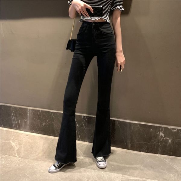 Maman Noir Taille Haute Flare Jeans Boyfriend Bell Bas Denim Skinny Femme Jeans Femme Jambe Large Vintage Jeans Plus La Taille XL 210623