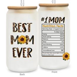 Mom Ever Glass Tass 16 oz de café avec des couvercles en bambou et des tasses à eau de paille pour maman tasse d'hiver 240429