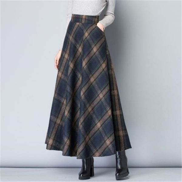 Maman taille haute laine plaid jupes automne hiver femmes grande taille laine Maxi femme mode décontracté Long Streetwear 220401