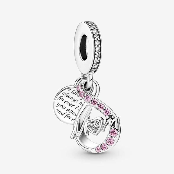 Maman Infinity Pave Double Dangle Charm Pandoras 925 Sterling Silver Luxury Charm Set Bracelet Faire des charmes en cristal rose Designer Collier Pendentif Boîte originale