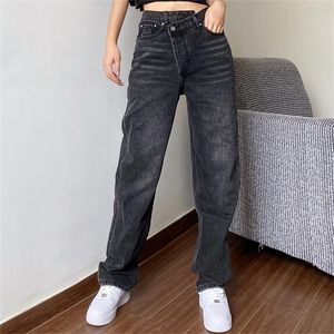 Mom Jeans Jeans para mujer Baggay Pantalones rectos de cintura alta Mujeres Moda negra Casual Pantalones sueltos indefinidos 201223