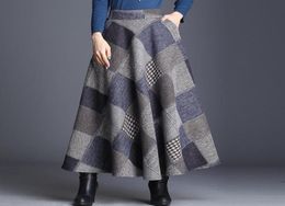 Mom Plus taille élégante jupe à carreaux femmes taille élastique longue laine maxi jupe femelle a-ligne chaude automne hiver ubrea4029529