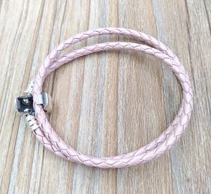 Moments Bracelet en cuir à double tissu - Pink Authentic 925 Silver Fits European Style Jewelry Charms perles Handmade Andy Jewel 590705CMP-D3689292