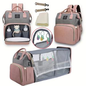 Mama Baby Luiertas Rugzak Aankleedkussen Schaduw Klamboe Nat en droog Draagbaar USB-oplaadpoort Kinderwagen Hangtas Gratis 240118