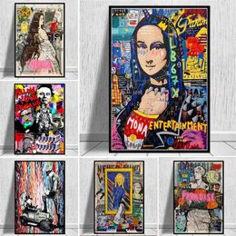 Mona Lisa Mona Lisa Graffiti Wall Art op een grappig canvas aan de muur Schilderij Artistieke Foto's voor Woonkamer Home Decoration232q