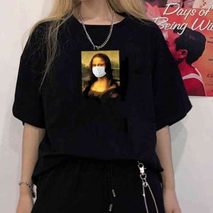 Mona Lisa draagt ​​een Masker Olieverf Bescherm Mensen Cool Grunge Grappige Unisex T-shirt Harajuku Hipster Tumblr Tee Top 210518