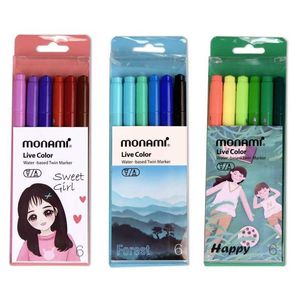 Monami Live Color 6pcs Pens Set Water Based Twin Marker Liner voor het tekenen van verf Art Sweet Gift School A7313