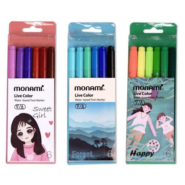 Monami Live Color-Juego de bolígrafos de 6 uds., marcador doble a base de agua, delineador para dibujar, pintura, arte, regalo dulce, escuela, A7313