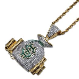 Geld tas stapel cash munten hanger kettingen goud iced out bling kubieke zirkoon ketting mannen hiphop sieraden