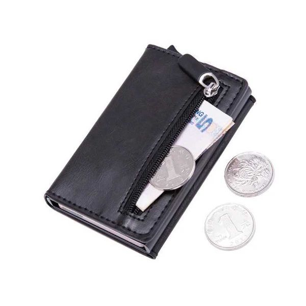 Clips de dinero dienqi anti -rfid ID de identificación de identificación de la carcasa de cuero billetera de metal de cuero monedero masculino titular de la tarjeta de crédito del carbono con cremallera Y240422