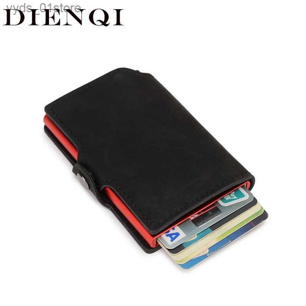 Clips para dinero DIENQI Cartera de hombre de cuero negro RFID Metal Tarjetero de visita ultrafino Monedero de bolsillo en efectivo Monedero Monedero mágico Wolet Walet L240306