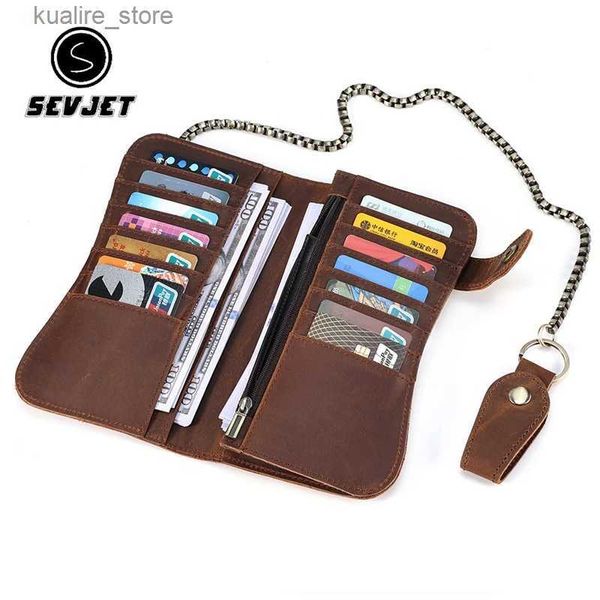 Clips d'argent Véritable pour hommes en cuir long portefeuille Hasp Bifold Portefeuille Chaîne Mentide Mens Retro Carte Retro Carte Téléphone Sac d'embrayage JYY978 L240402