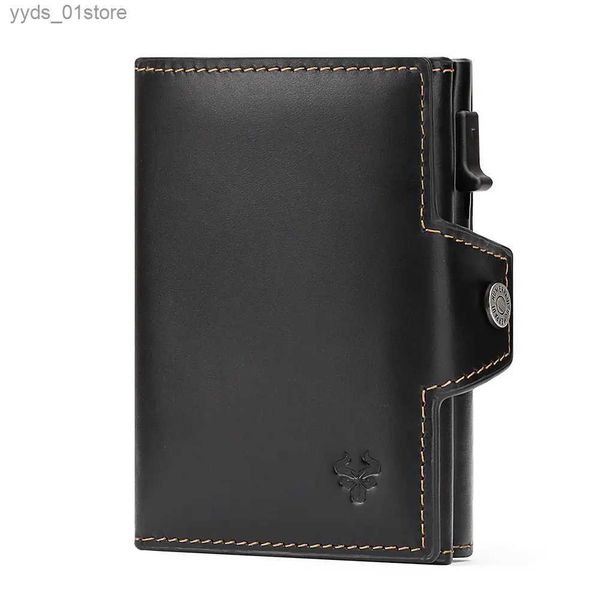 Clips de dinero% Cartera para hombre de cuero genuino Cartera de viaje de moda Bloqueo RFID Titular de la tarjeta de crédito Estuche para tarjetas automático con ple AirTag L240306