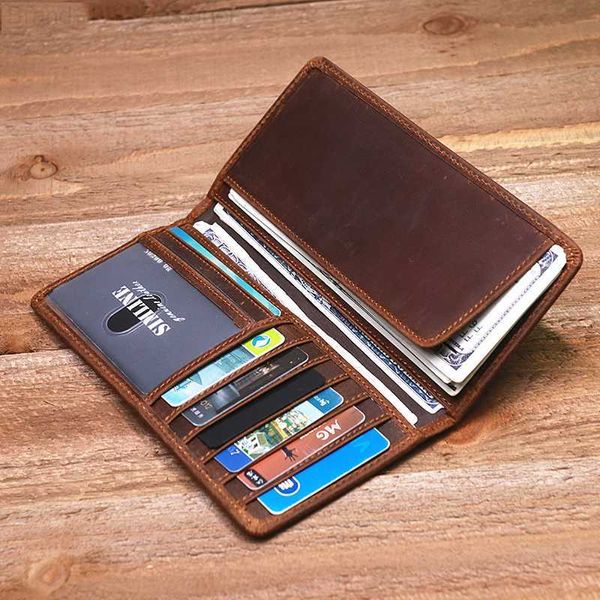 Pinces à billets Portefeuille en cuir véritable pour hommes Vintage Crazy Horse Long Bifold Slim Men's Purse Checkbook Wallet Cash With ID Window Card Holder L230804