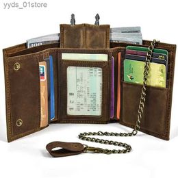 Clips de dinero HUMERPAUL Crazy Horse Cartera de cuero para hombres con cadena antirrobo Trifold Male Clutch Money Bag Luxury Small Coin Key wallet L240306