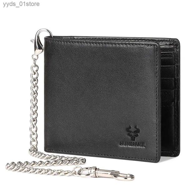 Clips de dinero KAVIS RFID Blindaje para hombre Titular de la tarjeta de crédito Carteras Cartera de cuero genuino con cadena de hierro Cartera de moneda masculina informal Bolsa de dinero L240306