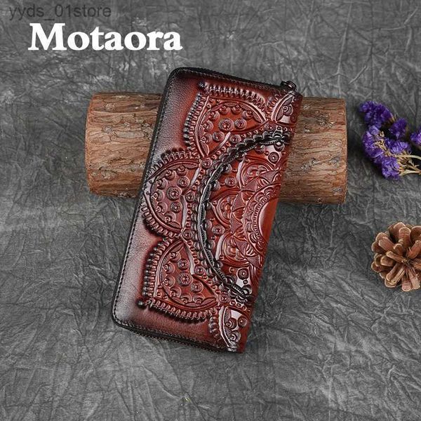 Clips de dinero MOTAORA Cartera retro para niñas Bolso de mano largo Cuero para mujer Hecho a mano Cartera para teléfono floral en relieve Estilo chino Titular de la tarjeta para mujer L240306