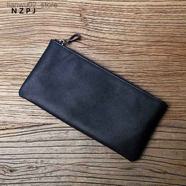 Clips de dinero NZPJ Cartera larga de cuero para hombres Capa superior Cremallera de cuero Cartera ultrafina Tendencia retro Bolso para teléfono móvil de mano Cartera simple para damas Q230921